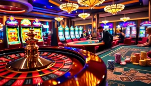 Une scène vibrante de casino en ligne mettant en avant des joueurs aux tables de roulette et de poker, incarnant l'excitation et le luxe.