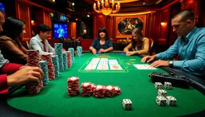 Rasakan kegembiraan idn poker dengan suasana kasino yang hidup menampilkan pemain di meja poker.