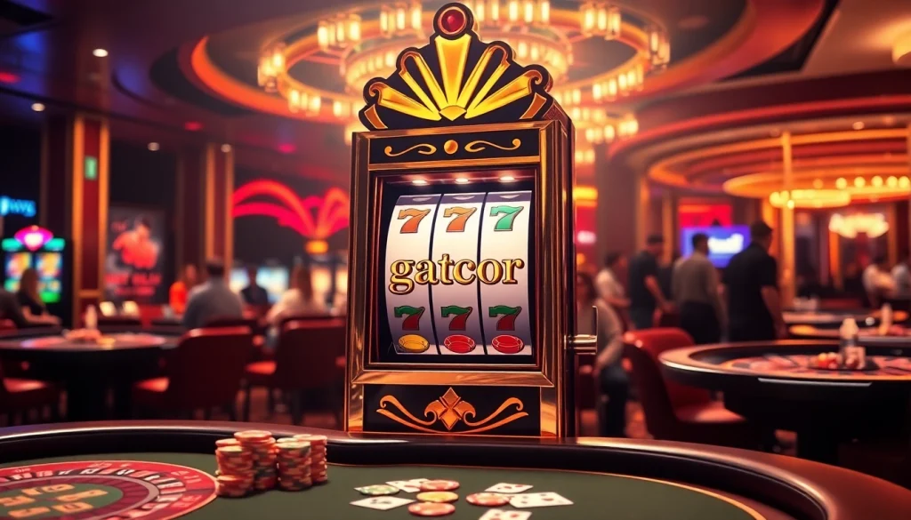 Exciting slot gacor gaming experience with vibrant slot machine and casino tables.