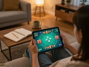 Engaged in game tài xỉu on a tablet in a cozy home setting.