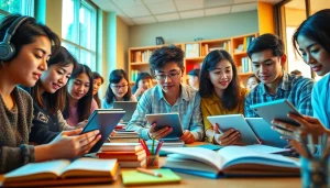 協働学習環境でスタディサプリ TOEIC 使い方を効果的に活用している学生たち。