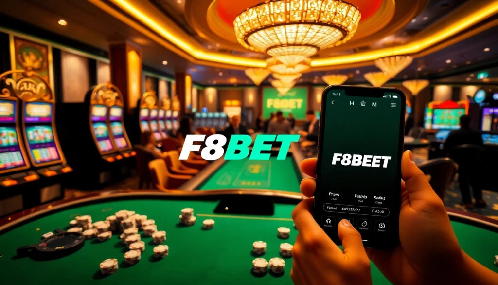 Players enjoying multiple casino games at F8BET COM, featuring vibrant slot machines and poker tables.