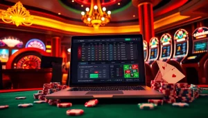 The vibrant online gambling setup inspired by https://f1682.email/ features a modern roulette wheel and slot machines, enhancing the player's excitement.
