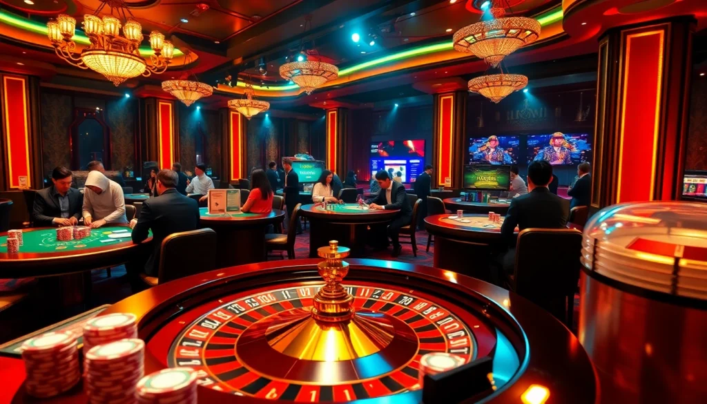 Experience thrilling gaming action at nhà cái 88bet with professional casino tables, poker chips, and a roulette wheel.