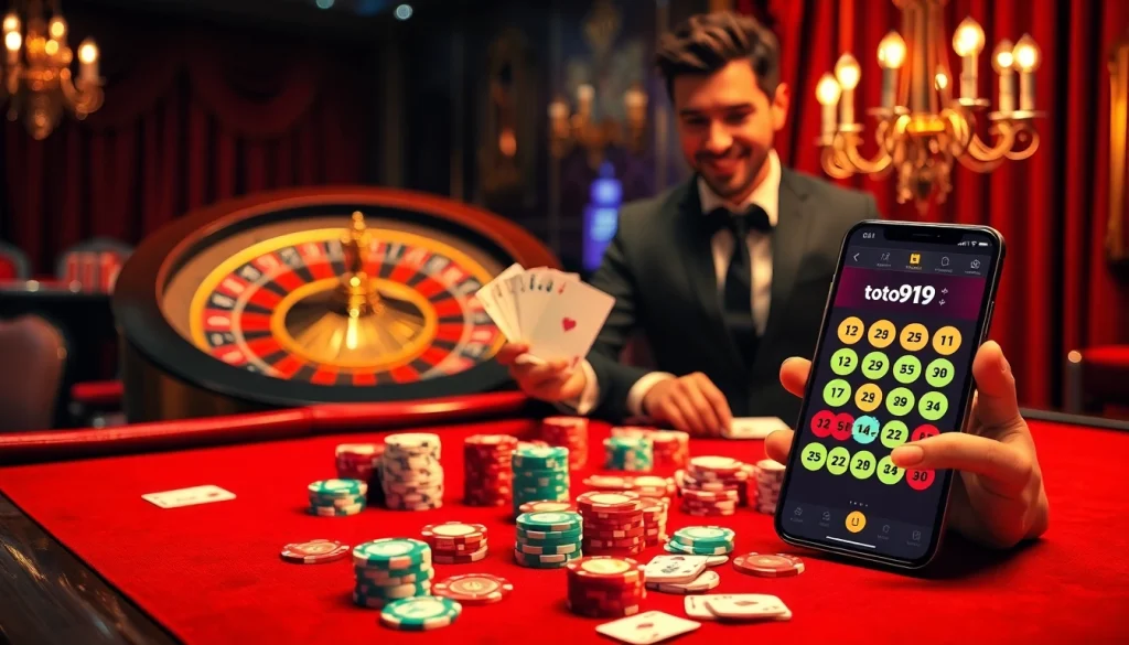 Toto919 gambler celebrating a winning hand at a vibrant poker table with roulette wheel.