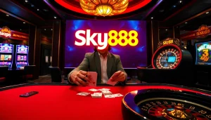 SKY888 logo illuminated at a luxurious casino gaming table with cards and roulette.