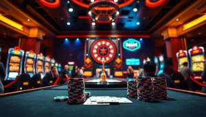 Experience thrilling gameplay at J88 casino, showcasing vibrant gambling tables and engaging slot machines.