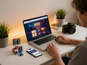 Player engaging with the W88 online casino on laptop while managing bankroll and strategies