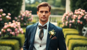 Stylish model in designer menswear stands in a picturesque wedding garden.