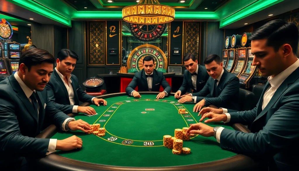 Gamblers enjoying a high-stakes game at MM888’s luxurious poker table with vibrant atmosphere.