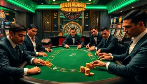 Gamblers enjoying a high-stakes game at MM888’s luxurious poker table with vibrant atmosphere.