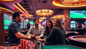 Exciting casino scene depicting 슈어맨's safe and enjoyable betting experience with patrons engaging in gaming activities.