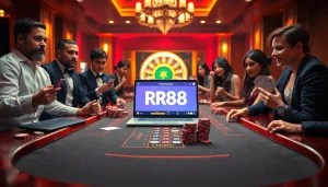 Experience the excitement of rr88 at a lavish blackjack table with enthusiastic players and glowing roulette wheels.