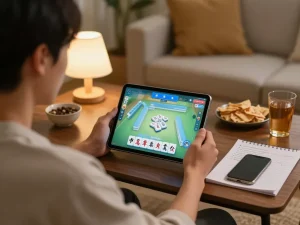 Player enjoying an online Mahjong game on a tablet in a cozy home setting, highlighting strategic gameplay.