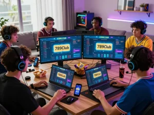 Engaged players experience 789club tải in a lively gaming setting with monitors and snacks.