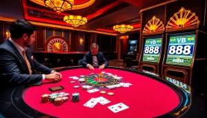 Players strategizing at a sophisticated poker table in a luxurious casino featuring VB 88 slot machine.