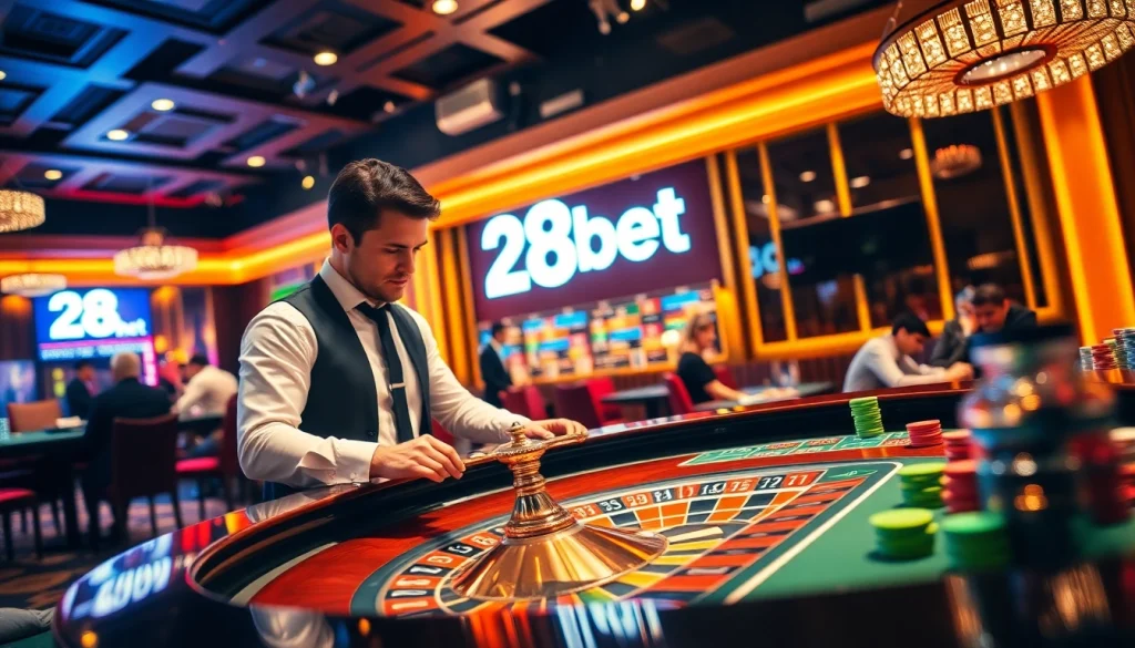 Exciting roulette action at 28bet casino with colorful chips and vibrant atmosphere.