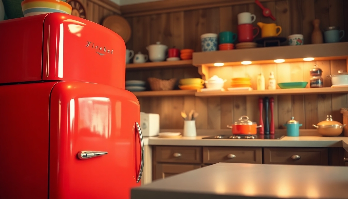 Bright red retro appliance in a warm kitchen setting, showcasing nostalgic design and inviting atmosphere.