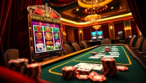 Spin the vibrant pragmatic slot machine at a luxury casino filled with poker tables.