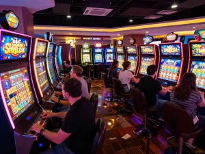 Excited players engaging with slot deposit 2rb machines, vibrant animations and warm lighting set a lively casino atmosphere