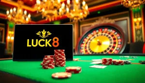 LUCK8 casino scene highlighting vibrant gameplay with roulette and poker chips.