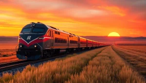 Experience the great plains rail showcasing a train traversing the picturesque landscape.