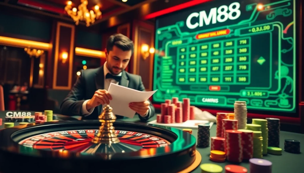Experience thrilling gameplay at CM88 casino with poker chips and roulette wheel action.