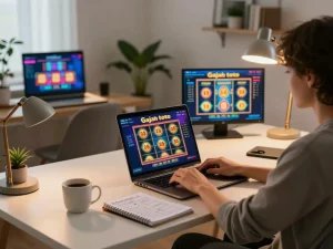 Player engaged in gajah toto online slots on laptop at home with strategy notes.