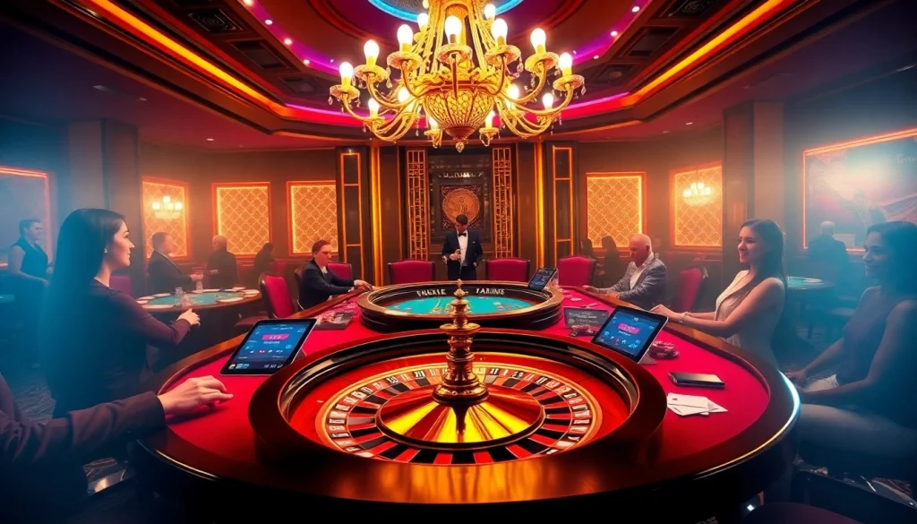 NK88 poker table bustling with action, exuding luxury and excitement in a casino atmosphere.