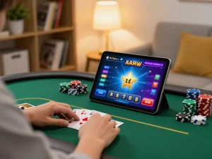Engaging in F88BET online poker gaming on a tablet with vibrant game interface visible.