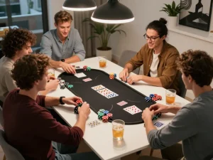Enjoying an exciting game night with friends at a stylish table, showcasing เว็บสล็อต action.