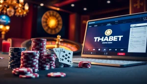 Experience the thrill of gambling at THABET link with a vibrant casino scene showcasing poker tables and electronic betting options.