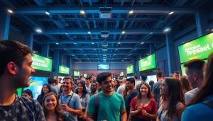 Excited attendees engaging at a presale event with colorful promotional booths.