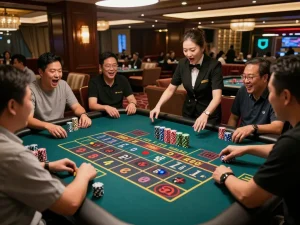 Situs Toto Macau players enjoying an engaging roulette game with vibrant chips and excitement around a live table.