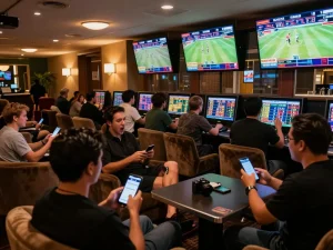 FB88 patrons excitedly engaging in sports betting in a luxurious lounge atmosphere.