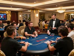 Players engaged in a thrilling poker game at king33's live casino, showcasing high stakes and excitement.