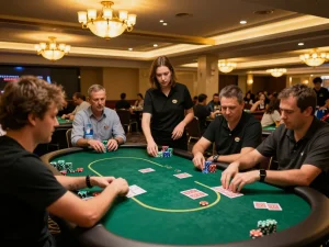 Players engaged in a competitive poker game at okwin casino, highlighting dynamic gameplay moments.