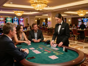 FIVE88 players strategizing at an upscale blackjack table, engaging in exciting gameplay.