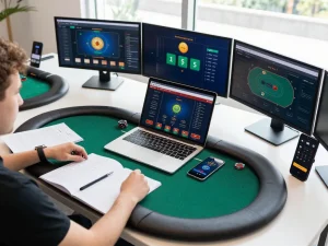 Pengguna Bintangmpo terlibat dalam strategi poker online dengan beberapa layar untuk wawasan permainan yang lebih lanjut.