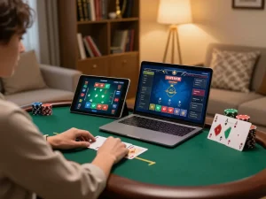 Engaged players strategizing poker on kkwin online casino platform in a cozy home setting.