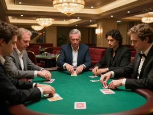 Players engaged in strategy during a poker game at a fabet casino table, showcasing intense focus and excitement.