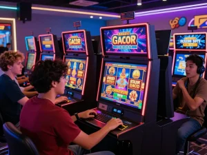 Players enjoying slot gacor games in a vibrant casino environment with modern screens and energetic atmosphere.