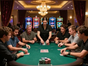 Play poker at 388bet casino with enthusiastic players and vibrant atmosphere.