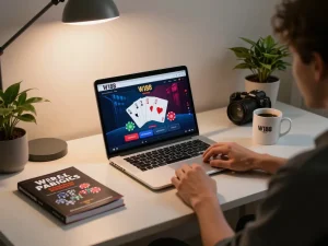 Player engaging with the W188 online casino platform on a cozy home desk, showcasing strategy and comfort.
