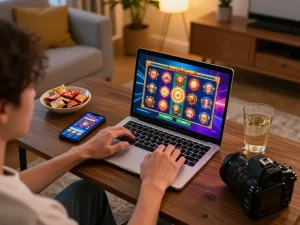 Engaging in slot demo gacor on a vibrant laptop, showcasing exciting gameplay in a cozy home setting.
