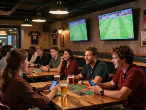 KQBD - Engaged sports fans placing bets while watching live football matches in a cozy sports bar