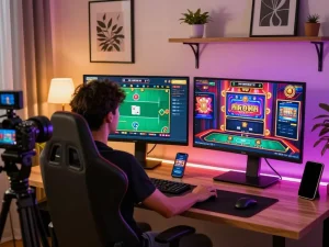 Engaged player participating in online gambling at their modern setup, enjoying king garuda gaming features.