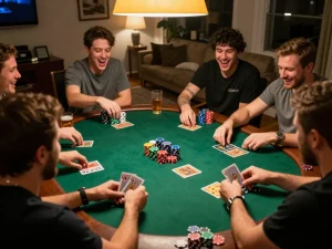 Players enjoying an exciting poker game at home, highlighting the best widget store for poker strategies