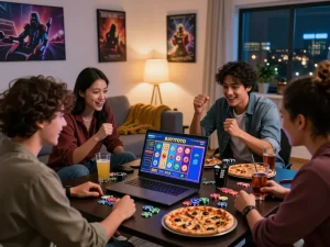 Friends enjoying BAYITOTO slot game online, colorful tokens and fun gaming night atmosphere