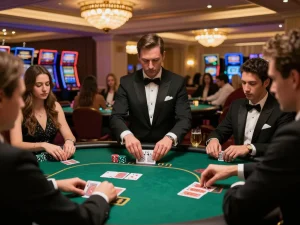 uu88 players strategizing in high-stakes poker game at an upscale casino table